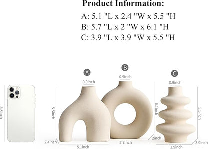 White Ceramic Vase Set of 3, Modern Boho Vases for Home Decor, Small Flower Vases for Pampas Grass, Round White Vases Centerpieces for Wedding Coffee Table Shelf Living Room Bedroom Entryway