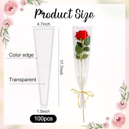 BEISHIDA 100 Pcs Single Rose Sleeve Bouquet Bags Kraft Paper Flower Bouquet Wrapping Paper Clear Single Flower Sleeve Rose Packaging For Mother's Day,Wedding,Valentine's Day(15.7 X 4.7in-White)