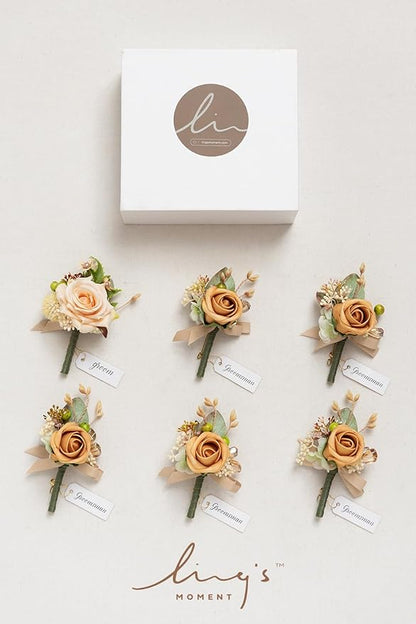 Ling's moment Boutonniere for Men, 6pcs Groom Groomsmen Boutonniere, Artificial Flowers for Wedding Decor/Prom/Homecoming, etc.Yellow Apricot Peach