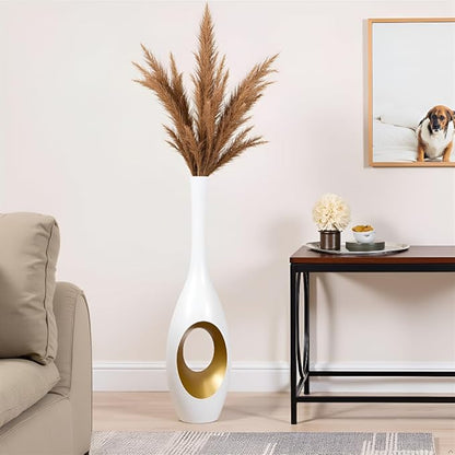 23.6 Inch White Vases – Modern Oval Floor Vase with Gold Cutouts & Slim Neck, Luxury Decorative Tall Vases for Living Room, Wedding, Office Decor – Resin Tall Floor Vase