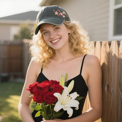 Cute Flower Hat, Elegant Floral Embroidered Adjustable Baseball Cap for Men Women, Gifts for Flower Lovers, Black