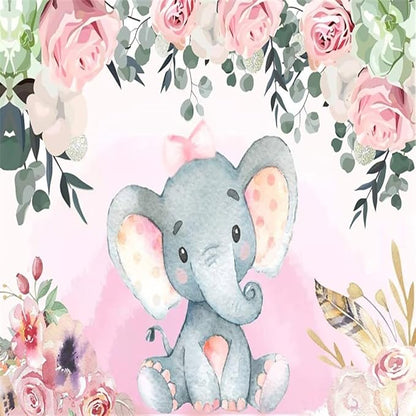 AOFOTO 10x10ft Pink Flowers Elephant Baby Shower Backdrop for Girl Sweet Floral Gender Reveal Background for Photography Kids Infant Birthday Party Banner Cake Table Decoration Photo Studio Props