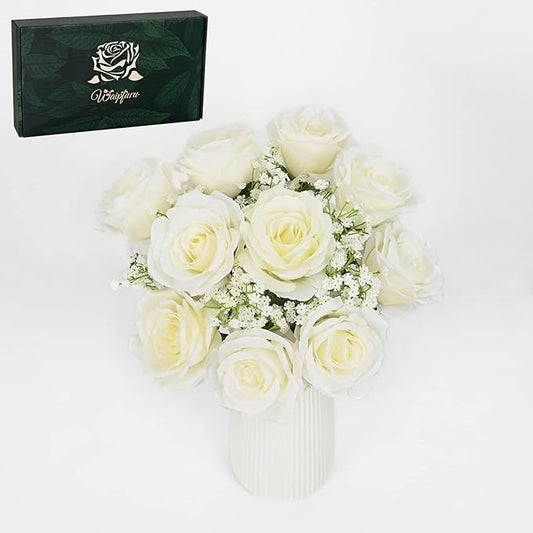 Waipfaru 20 Pcs Fake White Roses Babys Breath Artificial Flowers Bulk, Silk White Rose Faux Babys Breath with Long Stems for Wedding Bouquet Vase Flower Arrangement