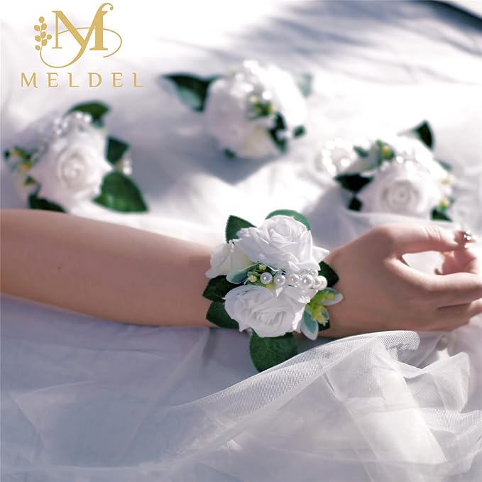 Meldel White Wrist Corsage for Prom, Set of 2, Iovry Wrist Flower for Bride Bridal Bridesmaid Mother Rustic Fall Wedding Party, Rose Hand Flower for Girl Homecoming Ceremony