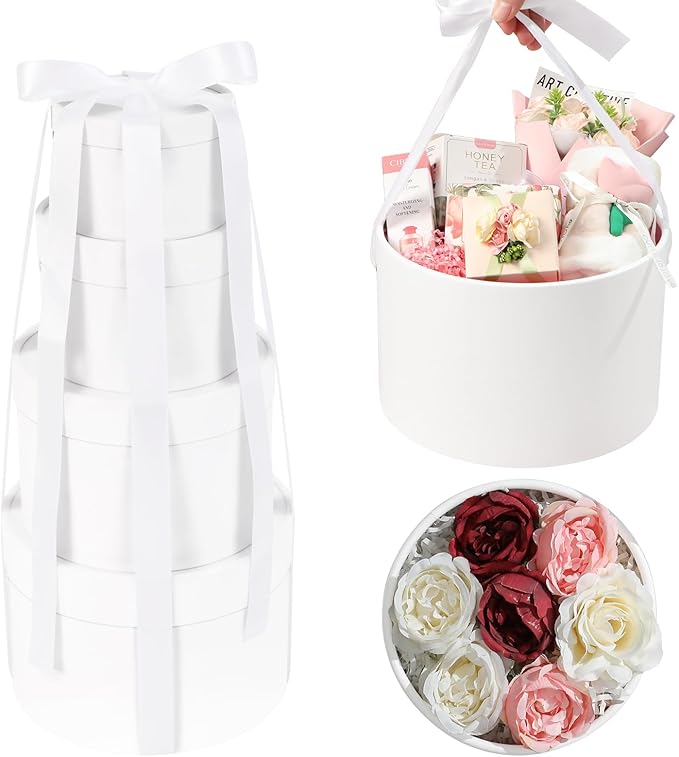 ROSEGLD Round Gift Boxes with Lids Set of 4, Luxury Gift Boxes with Ribbons Assorted Sizes, Nesting Gifts Boxes for Flowers Arrangements, Bridesmaid, Proposal, Wedding, Birthday, Party (Matte White)
