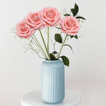 100PCS Artificial Flowers Pink Roses Real Looking Foam Fake Roses with Leaves and for DIY Wedding Bouquets Bridal Shower Centerpieces Party Decorations (Pink, 100)