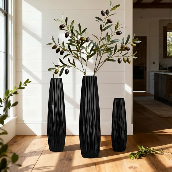 Black Ceramic Tall Floor Vase – 24" Modern Minimalist Decorative Large Vase for Living Room Corner, Entryway, or Office Home Decor