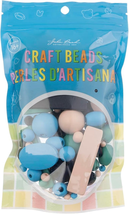John Bead 90g Craft Beads Blue/Light Blue/Natural/Green Wood Beads with Elastic Nylon Cord