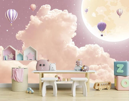 WFBHUA-Pink and Purple Cloud Wallpaper Mural Peel and Stick Moon Hot Air Balloon Self Adhesive Mural for Girl's Room 82"x57"