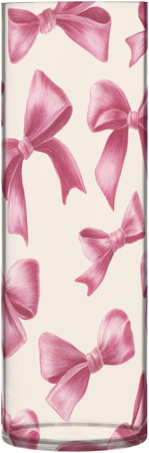 Flower Vase Clear Plastic Cylinder Vases Decor for Centerpieces Home Storage Office Weddings Deep Pink Ribbon Bows 11.8 x 3.9 in