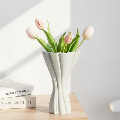 Minimalist White Ceramic Vase, Irregular Organic Shape Decorative Flower Vase for Home Decor, Wabi-Sabi Modern Accent for Living Room Table Shelf