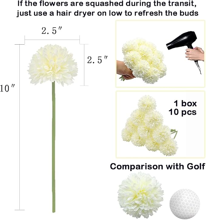 10Pcs Artificial Fake Flower Plants Silk Chrysanthemum Ball Hydrangea Arrangements Wedding Bouquets Decor Home Kitchen Garden Party Table Floral Centerpieces DIY(White)