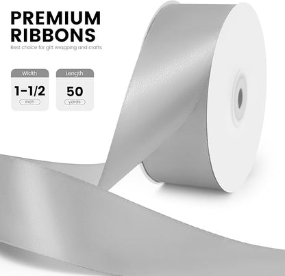 1-1/2" x 50 Yards Satin Ribbon - Silver Silk Ribbon with Spool - Ideal for Gift Wrapping, Floral Bouquets, Crafts, Wedding Party Decorations, Christmas and Sewing Projects