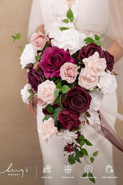 Ling's moment Red Bridal Bouquet Cascading, Burgundy Wedding Bouquets for Bride, 13 Inch Bride Bouquets for Wedding Artificial Flowers Bouquets