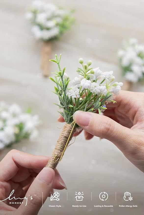 Ling's Moment Boutonniere for Men, 10pcs Groomsmen Guest Boutonniere, Artificial Flowers for Wedding Décor/Prom/Homecoming,etc.Baby Breath White