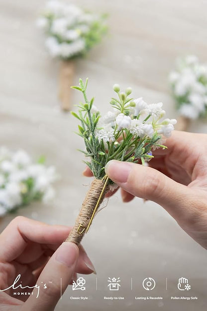 Ling's Moment Boutonniere for Men, 10pcs Groomsmen Guest Boutonniere, Artificial Flowers for Wedding Décor/Prom/Homecoming,etc.Baby Breath White