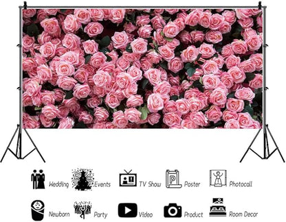 7x5ft Flower Backdrop Pink Rose Floral Wall Photography Background Birthday Baby Shower Wedding Party Banner Decorations Supplies Photo Booth Props