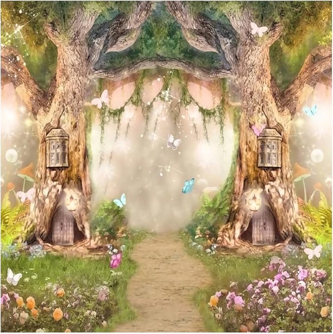 Leowefowa 8x8ft Vinyl Birthday Backdrop Fairy Tale Forest Enchanted Flower Baby Shower Photo Background for Birthday Party Photoshoot Newborn Baby Kids Children Studio Props Photography Backdrops