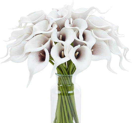 SITUMEIZI 24 PCS Artificial Calla Lily Fake Flowers Silk Flower Real Touch for Home Kitchen Decor Wedding Bouquet Office Decoration(Black & White)