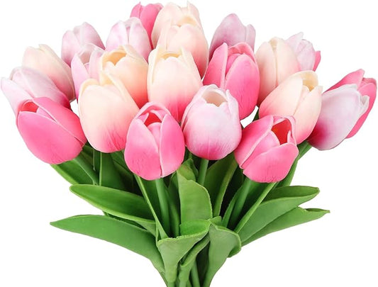 IPOPU Tulips Artificial Flowers 24pcs Multi Pink Flowers Artificial for Decoration Fake Tulips Fake Pink Flowers Floral Arrangements Faux Tulips for Table Home Wedding Centerpieces Decor (Multi Pink)