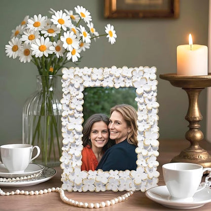 Hodao 4×6 White Floral Picture Frame — Handcrafted Textured Flower Picture Frame with Plastic Photo Cover & Built-In Easel for Tabletop Display, Decorative Home Décor, Nursery & Photo Keepsake
