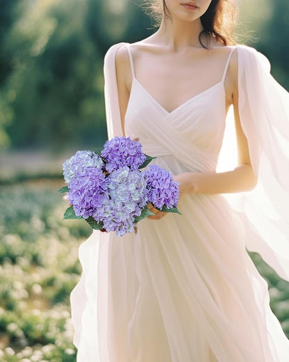 6PCS Premium Purple Hydrangea Artificial Flowers Bouquets, Light Purple Silk Hydrangea Flowers Heads with Stems, Fake Hydrangeas Flowers Arrangement, Faux Hydrangea Decor for Home Wedding Party Table