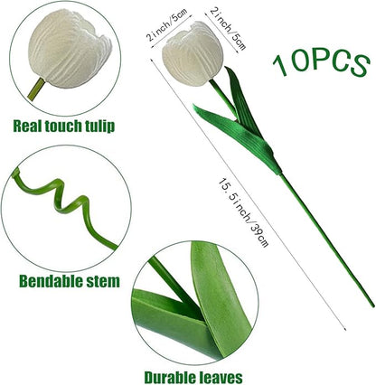 10pcs Partially Open Artificial Tulips 15.5" PU Artificial Flowers for Family Friend Gifts DIY Flower Arrangement Flowers in Home Kitchen Office Party Wedding Dining Table Decoration, White