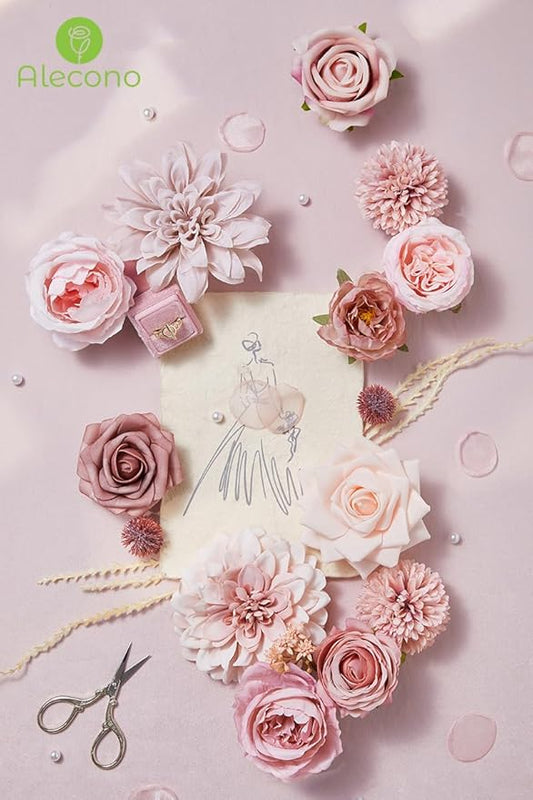 Alecono Artificial Flowers, Dusty Pink Silk Fake Flowers for DIY Wedding Bridal Bouquets, 𝙎𝙚𝙩 𝙤𝙛 𝟮, Wedding Cake Flowers for Table Centerpieces Baby Shower Birthday Party Home Decorations