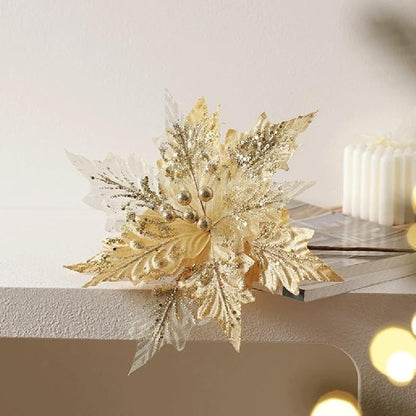 Artificial Flannel Sequin Christmas Flower Ornament, 30x35cm Glitter Holiday Tree Decoration for Wreaths Garlands and Party Arrangements Champagne