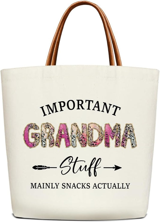 Canvas Tote Bag for Women, Important Stuff Bag with Leather Handle, Reusable Grocery Bags for Shopping Beach Travel