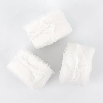 MEEDEE White Chiffon Ribbon 1 Inch White Fringe Ribbons Chiffon Silk Frayed Edge Ribbon Thin Chiffon Ribbons for Crafts, Gift Wrapping, Wedding Invitation (3 Rolls 21 Yards)