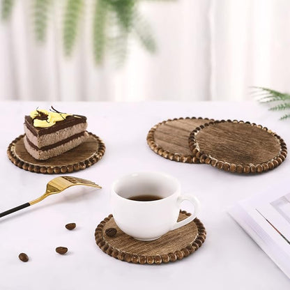 Honeydak 4 Pieces Wood Beaded Coasters 3.9 Inch Round Rustic Farmhouse Wooden Coasters for Drinks Decorative Table Top Wood Bar for Housewarming Home Kitchen(Dark Brown)