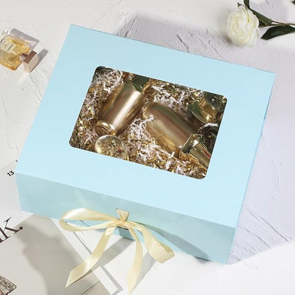 5 Pcs Blue Gift Box for Presents with Ribbon 13.2x11x5.3 Inches Clear Gift Box with Window Magnetic Closure Gift Boxes with Lids