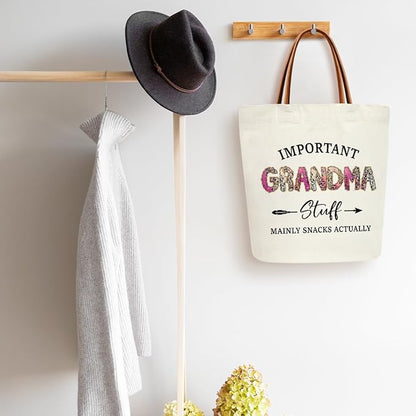 Canvas Tote Bag for Women, Important Stuff Bag with Leather Handle, Reusable Grocery Bags for Shopping Beach Travel