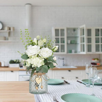 Artificial Fake Flowers in Vase, Faux Silk Roses Floral Hydrangea Bouquet with Vase, Table Centerpiece Decorations Wedding Bouquets for Party Office Farmhouse Kitchen Home Decor, White