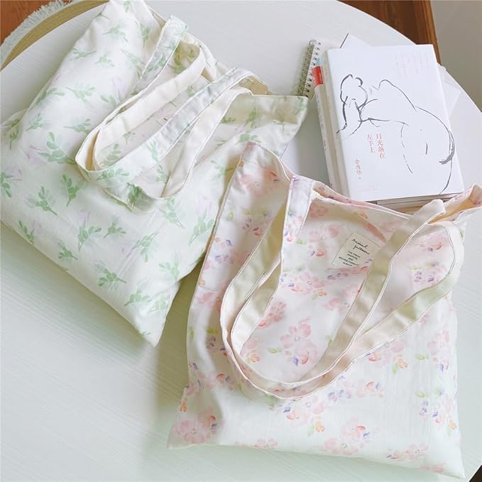 Cotton Canvas Tote Bag Reusable Soft Grocery Cloth Bag Floral Shoulder Bag for Beach Travel Shopping