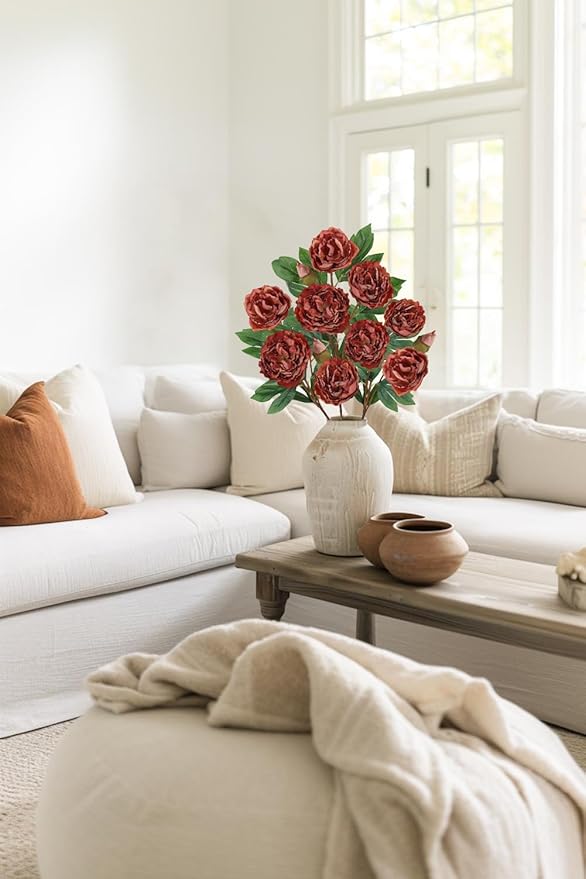 Briful 3 Pack Artificial Peony Flower 27.5" Tall Brick Red Silk Peonies Floral Stems Real Touch Faux Peony Flower for Wedding Bouquets Home Floral Arrangements Table Centerpieces DIY Décor