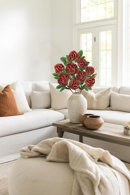 Briful 3 Pack Artificial Peony Flower 27.5" Tall Brick Red Silk Peonies Floral Stems Real Touch Faux Peony Flower for Wedding Bouquets Home Floral Arrangements Table Centerpieces DIY Décor