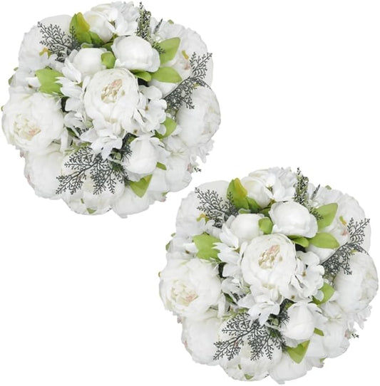 2 Packs Artificial Peony Flowers Silk Peonies Fake Flower Bouquet Arrangements for Home Wedding Party Decoration (White)