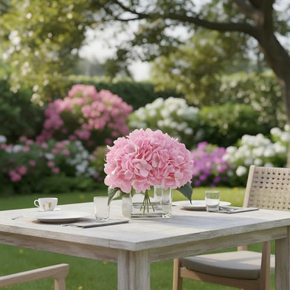 Artificial Hydrangea Flowers in Vase, Silk Floral Arrangement in Vase with Faux Water for Home Decor Indoor, Room Table (Pink)
