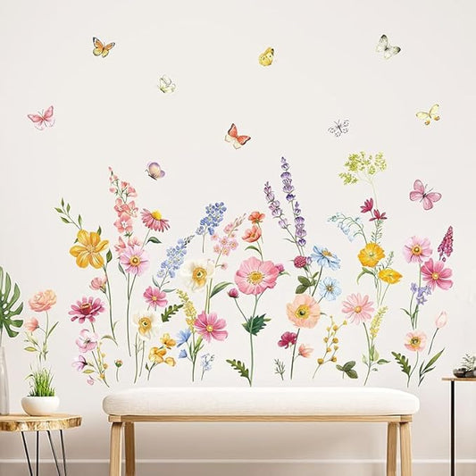 Butterfly and Wild Flower Wall Decals Peel and Stick for Girls Room Wall Decals, Living Room, Nursery, Removable Waterproof Stickers & Murals for Home Decor