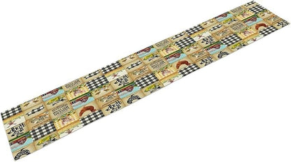 Farmhouse Animals Table Runner,Rustic Cabin Pig Chicken Cow Sunflowers Geometric Grids Burlap for Hotel Indoors Outdoor Dining Room Kitchen Holiday Party, 13x70in