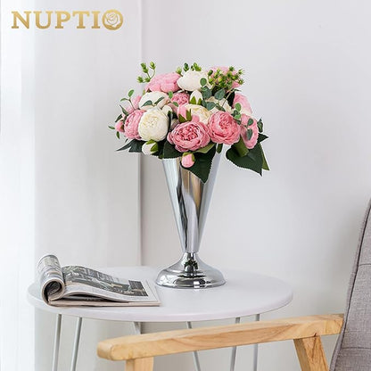 2 Pcs Tabletop Silver Metal Wedding Flower Trumpet Vase, 9.8 inch Table Decorative Centerpiece Artificial Flower Arrangements for Anniversary Ceremony Party Birthday Event Aisle Home Decoration