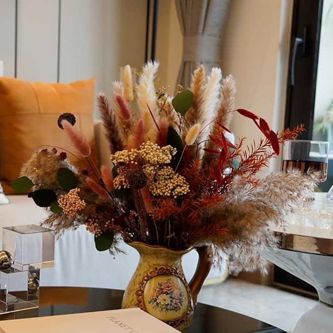 Natural Dried Pampas Grass Bouquet,17" Natural Dried Flower Bouquet，Pampas Grass Silver Dollar Leaf Decoration， Bohemian Style Family Wedding Country Farmhouse Decorated with Dried Flowers
