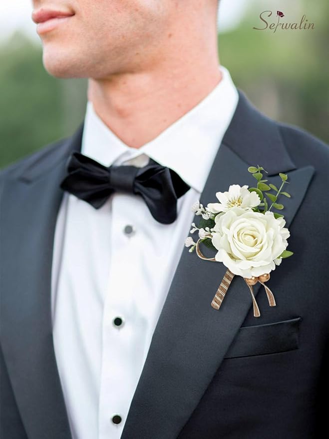 Serwalin 6PCS Ivory Rose Boutonniere for Men Wedding Groom Groomsmen Best Man Artificial Flowers Boutonniere for Wedding Ceremony Anniversary Prom Flowers Formal Dinner Party