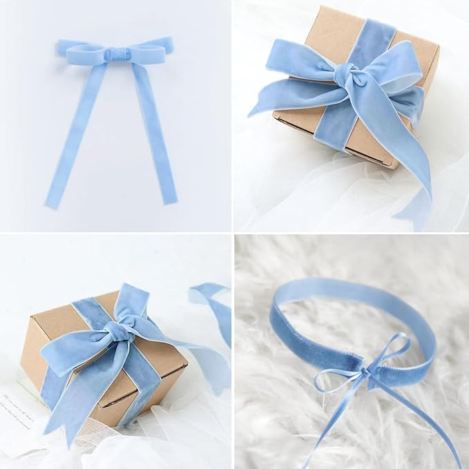 Light Blue Velvet Ribbon - 5/8 Inch x 10 Yards for Gift Wrapping, Crafts, Christmas Decor, Bow Making, Vintage Fabric