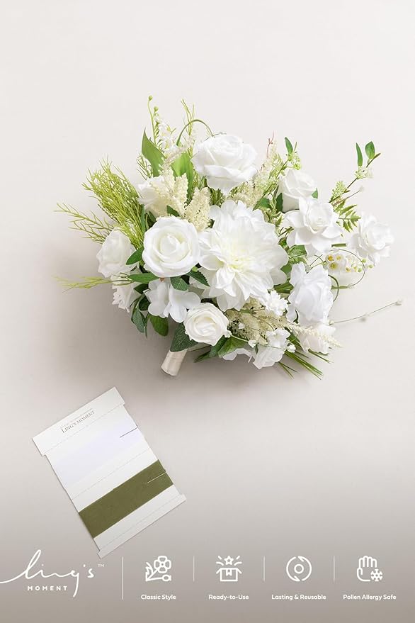 Ling's moment White Wedding Bouquets for Bride, Lily of The Valley Bridal Bouquets for Bride, 15 Inch Free Form Artificial Wedding Flower Bouquet