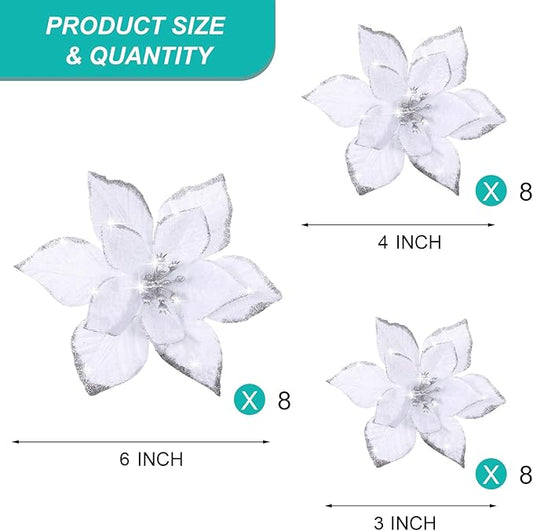 WILLBOND 24 Pcs 3 Size Poinsettia Flower Artificial Christmas Decor Glitter Poinsettia Christmas Ornaments Faux Flowers for Xmas Tree Outdoor(3.2/4/6 Inches,White)