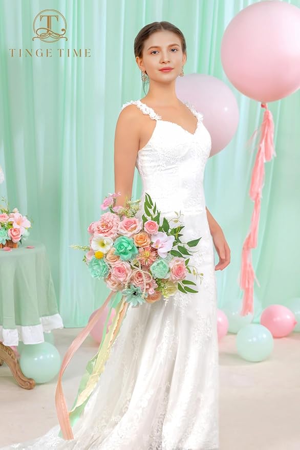 TINGE TIME 13 Inch Wedding Bouquets for Bride,Bridal Bouquet for Bride, Artificial Silk Flowers for Wedding Ceremony and Anniversary (Mint Green & Pink)