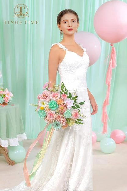 TINGE TIME 13 Inch Wedding Bouquets for Bride,Bridal Bouquet for Bride, Artificial Silk Flowers for Wedding Ceremony and Anniversary (Mint Green & Pink)